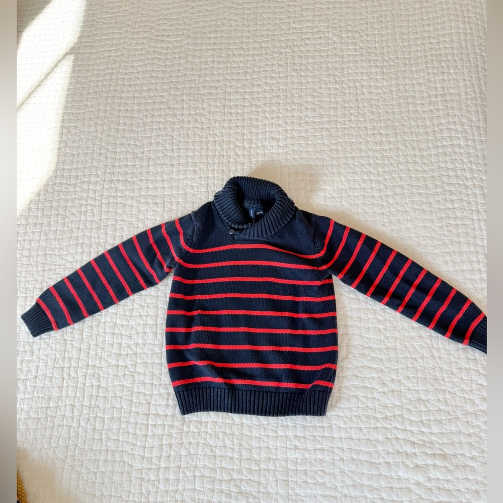 Janie and Jack Navy Sweater with Red Stripes and Shawl Collar